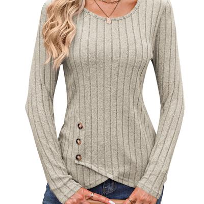 Autunno Inverno Top a Maniche Lunghe Girocollo Moda Donna Casual Irregolare Tinta Unita Street Style Bottoni Pullover T-shirt