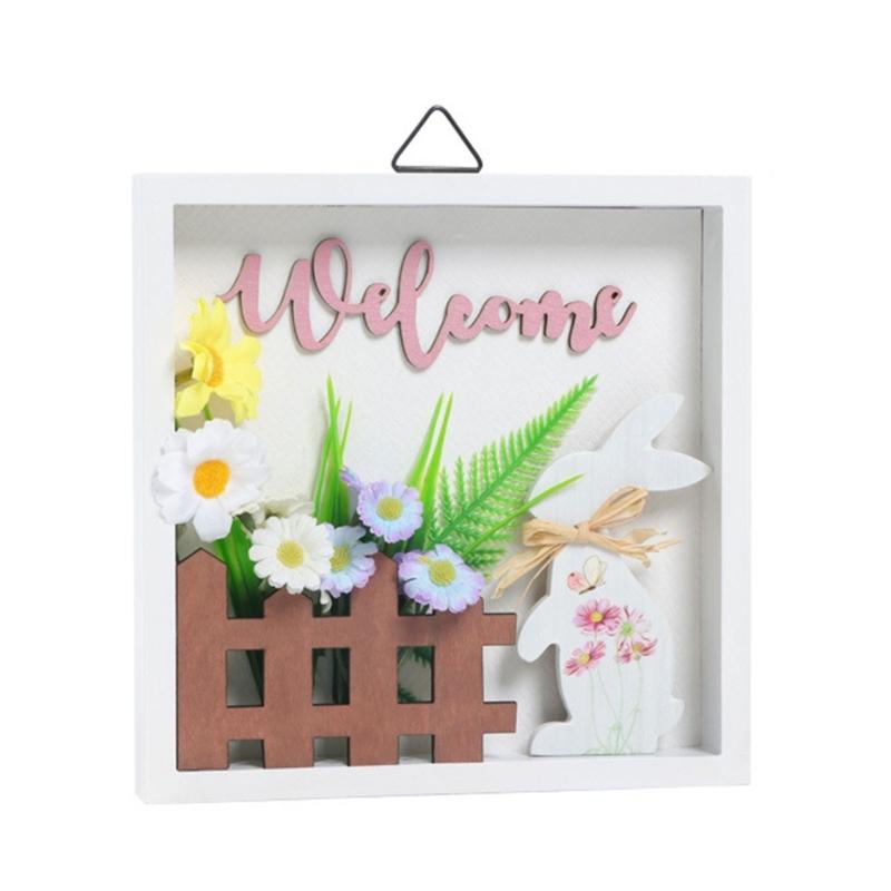 

Easters Welcome Sign for Front Door Wood Frame Door Hanger Decoration Easters Bunnies Plaque with Artificial Flowers