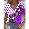 Summer V-neck 3D Flower Themed Pattern Printed Top Fashionable Casual Short Sleeved Women's T-shirts