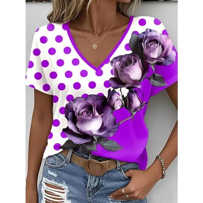 Summer V-neck 3D Flower Themed Pattern Printed Top Fashionable Casual Short Sleeved Women's T-shirts