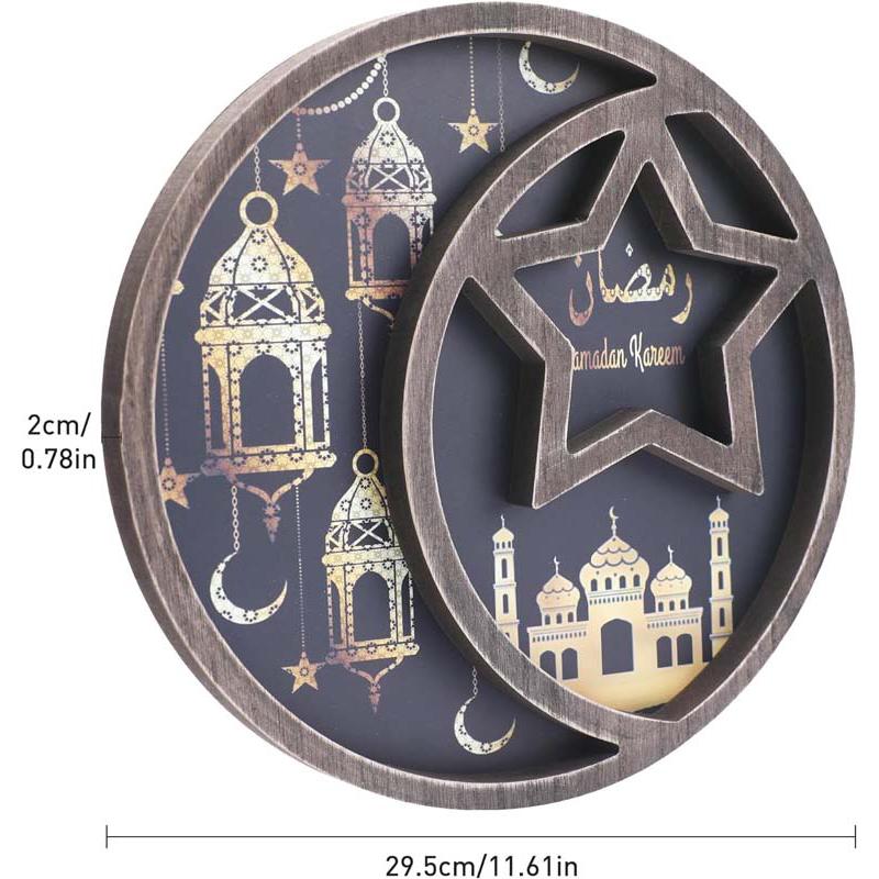 Ramadan Moon Star Serving Tray - Eid Cupcake Candy Plates Mubarak Religious Painting for Family Party Wooden Decorations