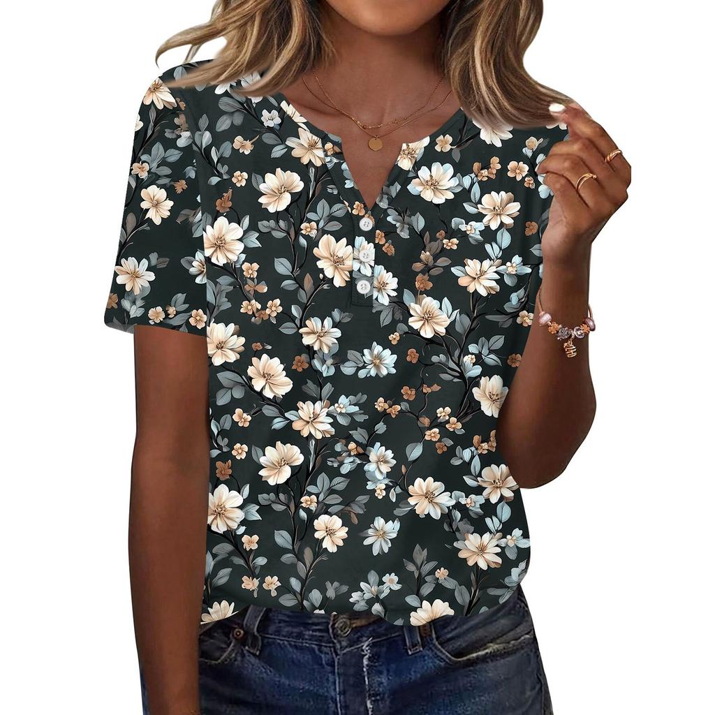 Women's T Shirt Print Button Short Sleeve Daily Weekend Fashion Basic V- Neck Regular Top