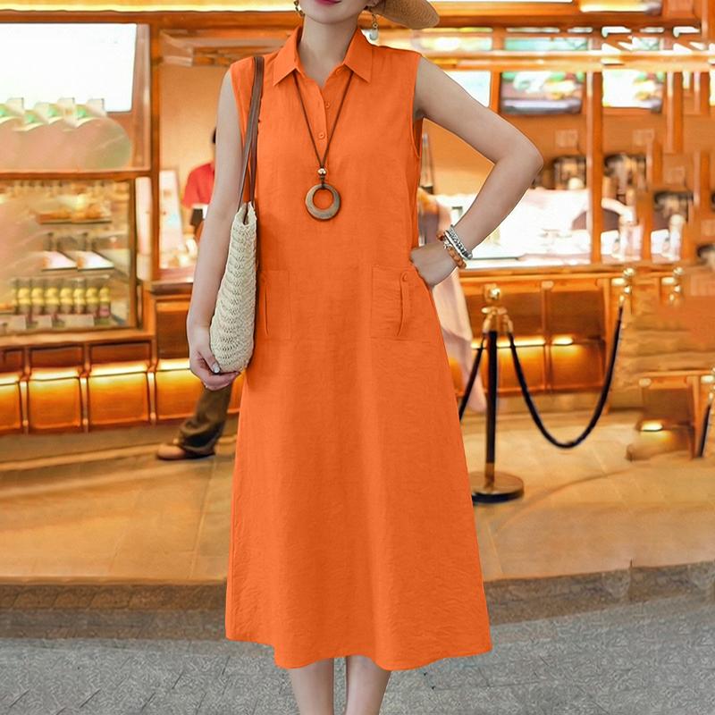 

ZANZEA Женское повседневное летнее платье без рукавов с отложным воротником M оранжевый