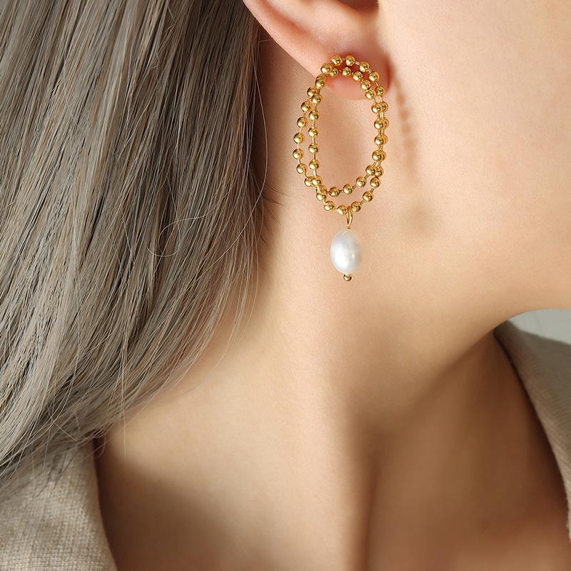 Korean Retro Freshwater Pearl Tassel Earrings - Double Layer Rice Bead Chain, Autumn/Winter Trendy Style