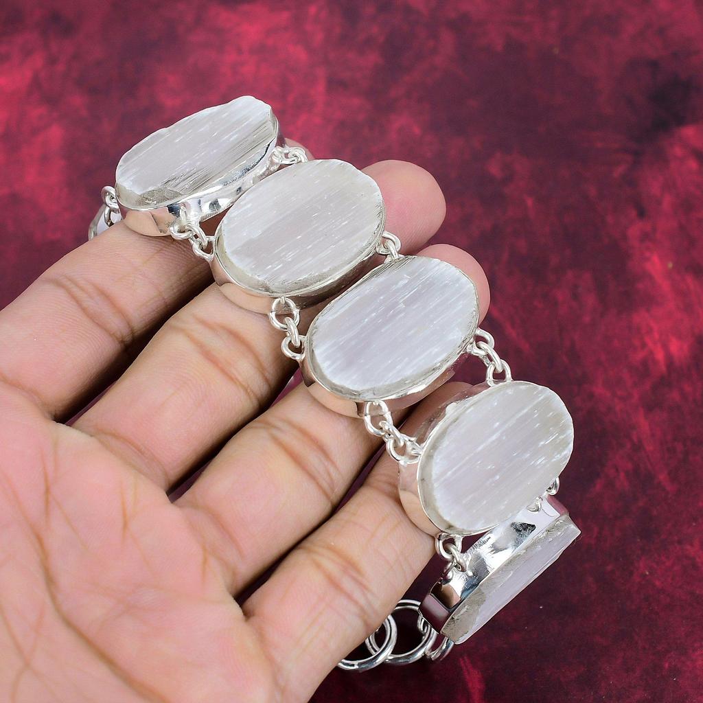 Selenite Druzy 925 Solid Sterling Silver Bracelet with Adjustable Chain, Handmade Gemstone Jewelry Bracelet For Memorial Day