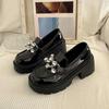 Women's Black Leather Mary Jane Loafers  New Fashion Thick Heel Crystal Embellished Britsh Style Spring Autumn Shoes