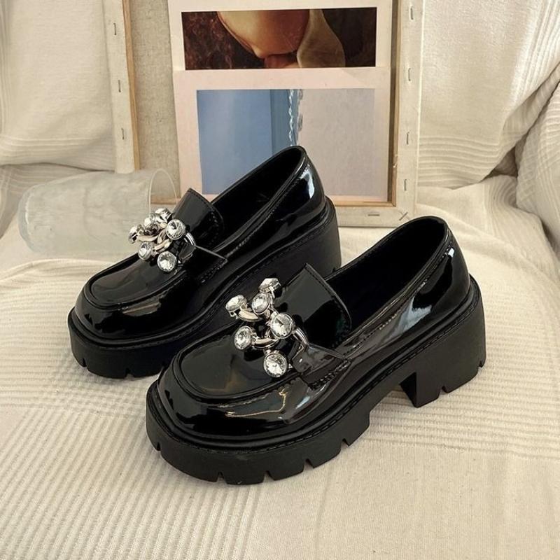 Women's Black Leather Mary Jane Loafers  New Fashion Thick Heel Crystal Embellished Britsh Style Spring Autumn Shoes