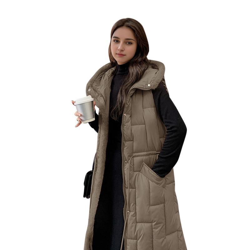 Jesienno-zimowa bawełniana kamizelka z kapturem damska do talii do kolan modna pogrubiona odzież wierzchnia