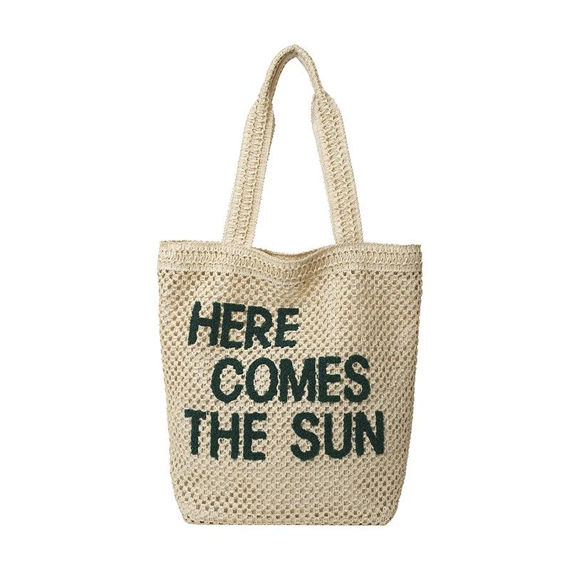Mesh Tote Bag Women Summer Beach Handbag with Bold Lettering Casual Everyday Shopping Bag
