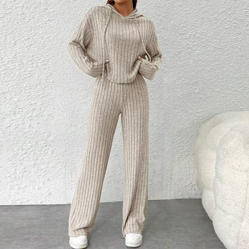 Women Autumn Winter Solid Color Loose Knitted Sweatshirt Suit Casual Long Sleeved Striped Hoodie Long Straight Leg Pants Two-piece Set