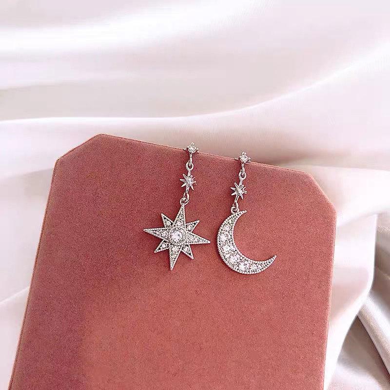 Korean S925 Silver Star & Crescent Asymmetrical Earrings
