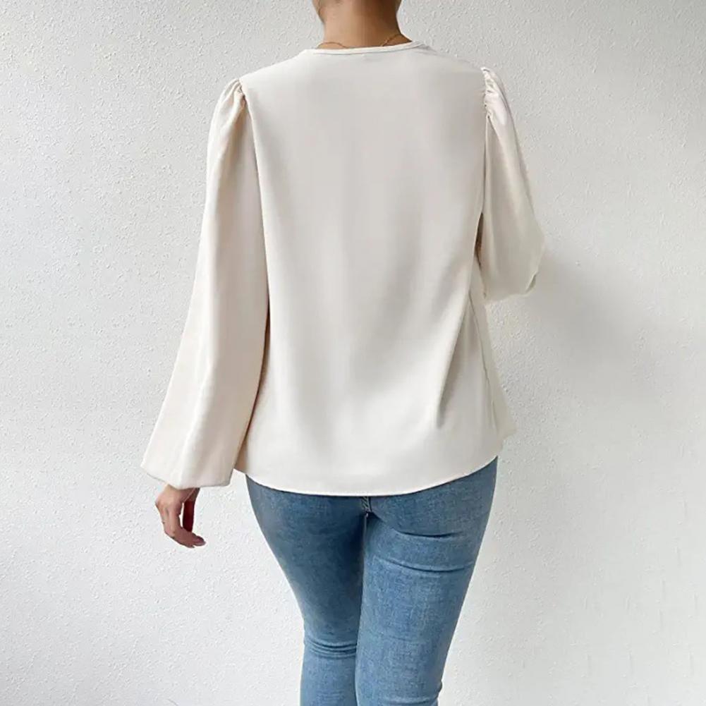 Chiffon Women Shirt Draping Piled Collar Lantern Sleeves Pullover Tops Solid Color Loose Fit Commuting Top Daily Wear