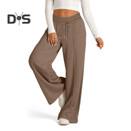Damen Freizeithose, elastische hohe Taille, verstellbarer Kordelzug, gerade Hose mit weitem Bein und Taschen, einfarbig, lange Hose