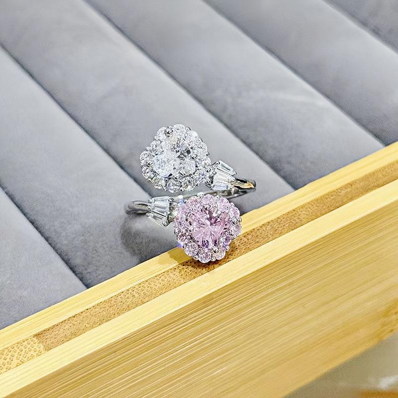Fashion Cross Double-Row Pink And White Zir*****Pening Adjustable Ring Temperament Color Treasure Exquisite Niche High-End Ring