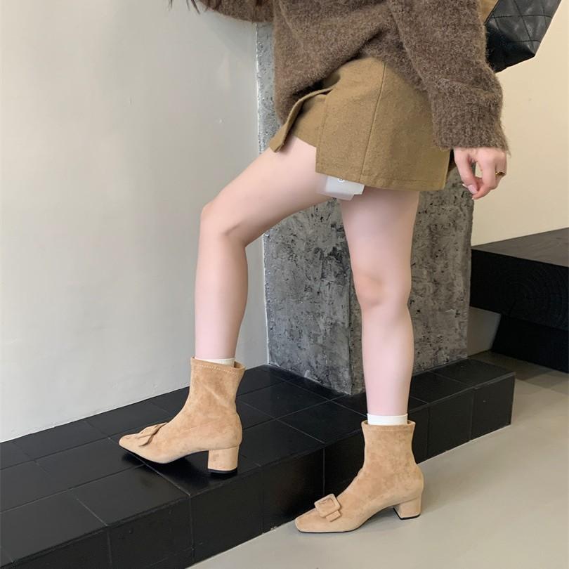 Damenstiefel mit quadratischer Schnalle, Wildleder, dünnem Absatz, Seitenreißverschluss, kurze Stiefel, Damen-Hochstiefel, schlanke Beine, hoher Schaft, elastische dünne Stiefel