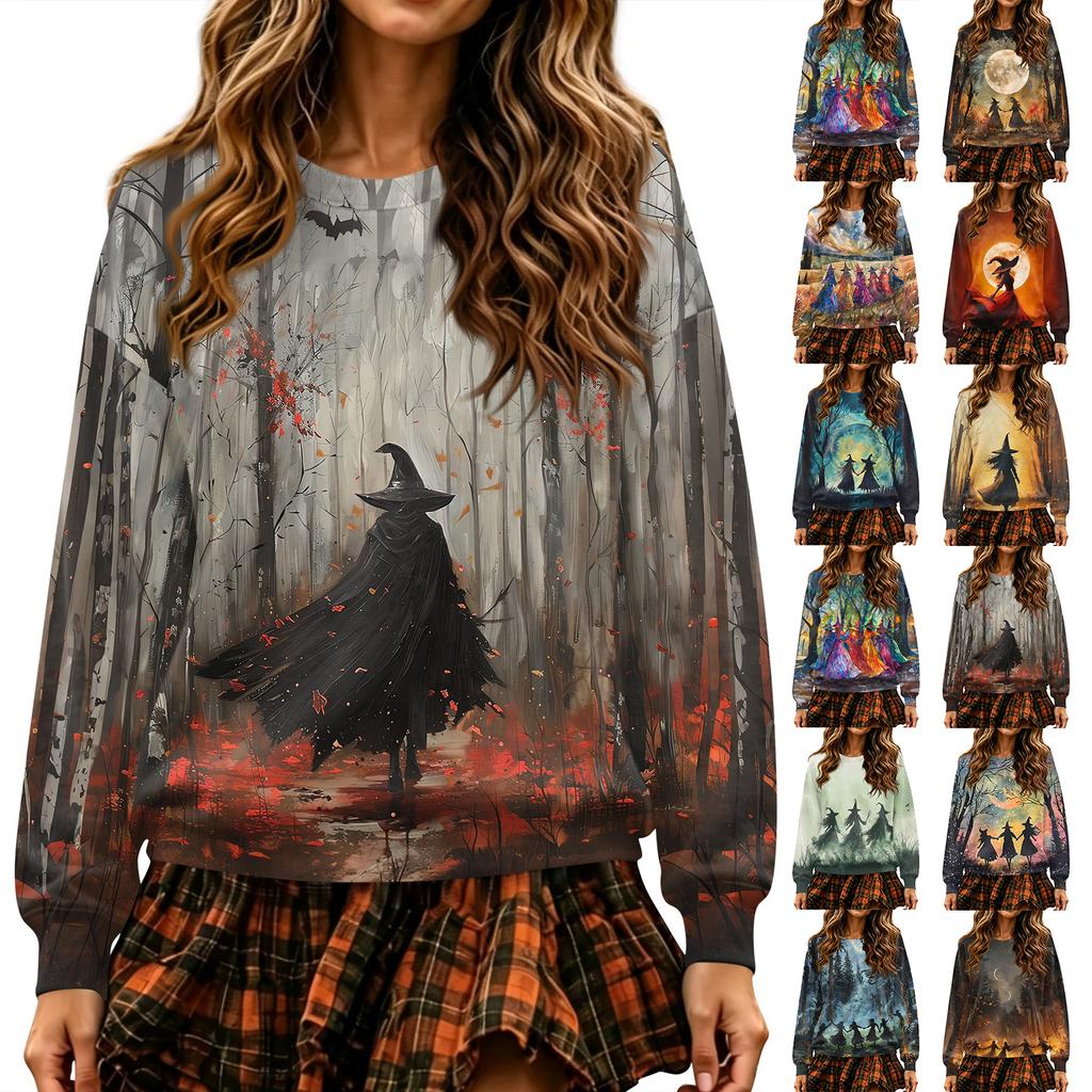 Women's Halloween Print Neck Pullover Sweatshirt, Long Sleeve Casual Fashion Top