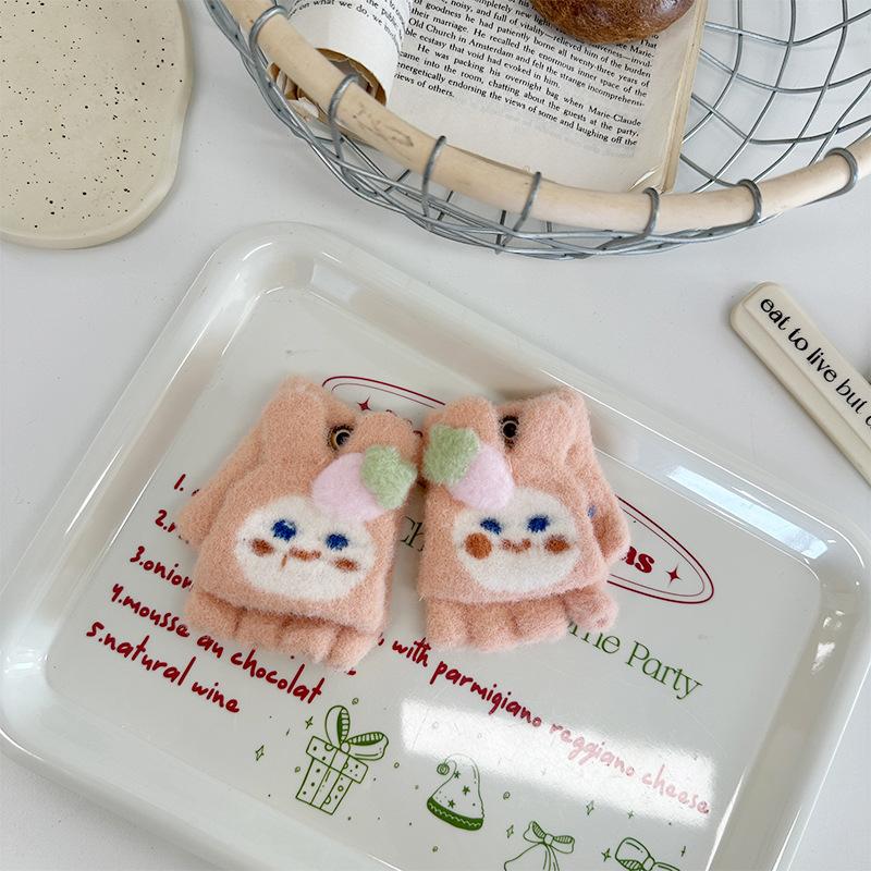 

Autumn and Winter Cartoon Bunny Children s Flip Up Half Finger Gloves for Boys and Girls Students Writing Thickened Cold Proof Five Finger Gloves one size