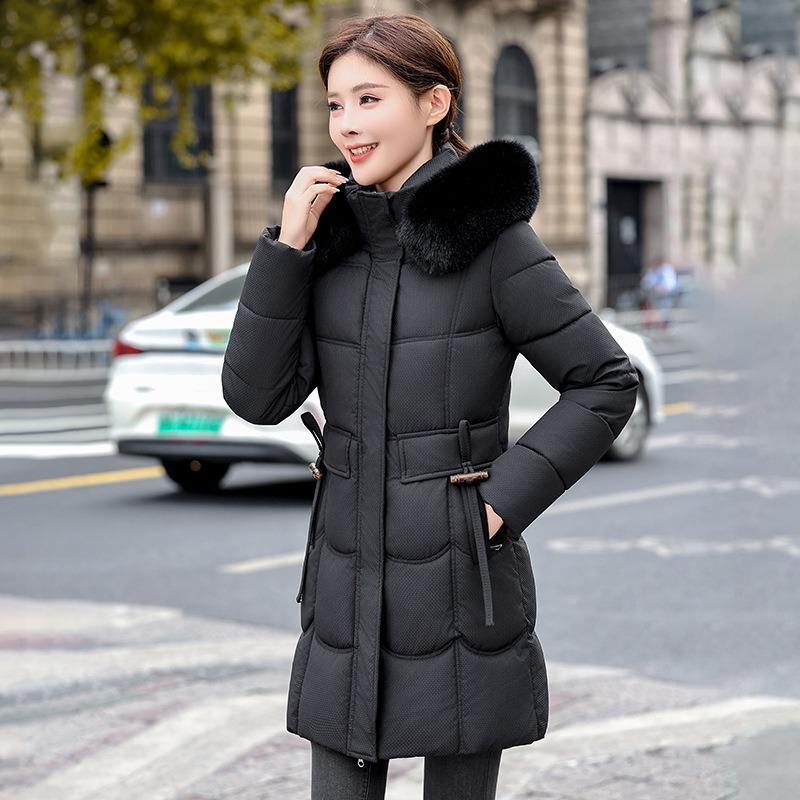 

Big fur collar waist thin down cotton clothes winter new temperament age-reducing cotton clothes jacket medium and long cotton clothes L чорний