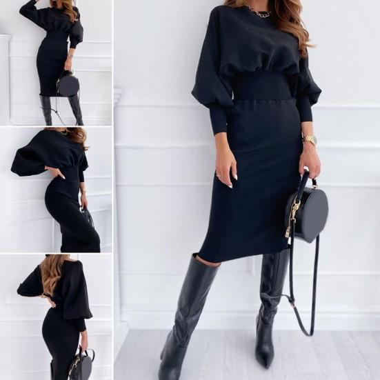 

Осень-зима женское платье плотное с круглым вырезом облегающее эластичное однотонное однотонное платье с высокой талией мягкое теплое платье-футляр длиной до колена с рукавами-фонариками M светло-синий