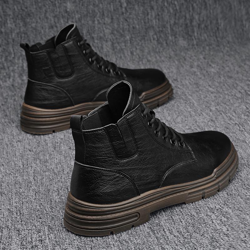 Black Leather Boots Insoles Chic Durable Stitching Design Outdoor Lace Up Ankle Boots Men Trainers  Work Boots