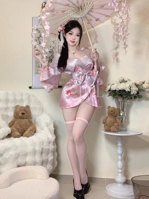 Domila Seductive Lingerie Sexy Deep V Flower Fox Dream Two-dimensional Open Placket Japanese Kimono Uniform Set