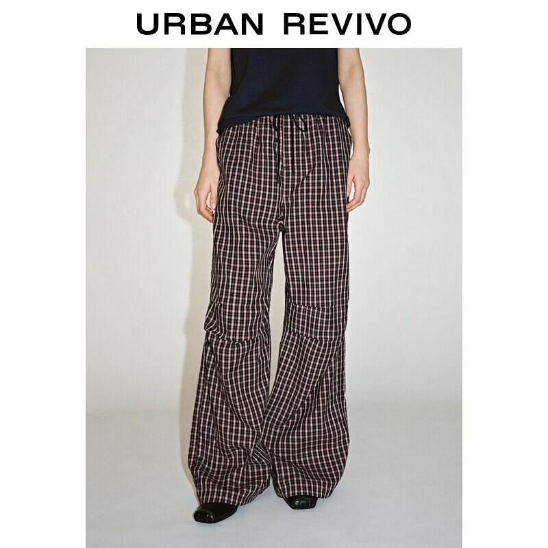 UR2026 Women s Retro Plaid Wide-Leg Cotton Pants XS