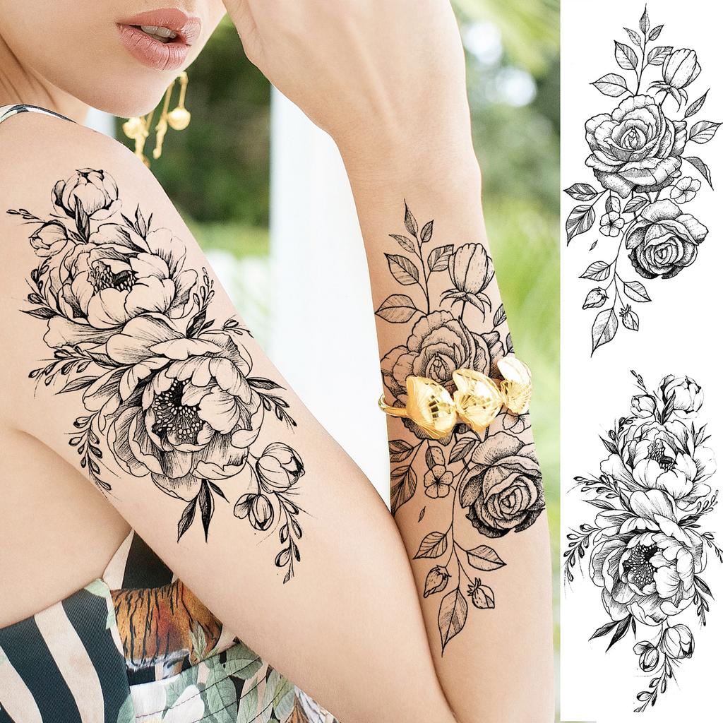 1 Sheet Black Flower Temporary Tattoos For Women Girls Realistic Fake Flora Floral Peony Tattoo Sticker Body Art Painting Decal