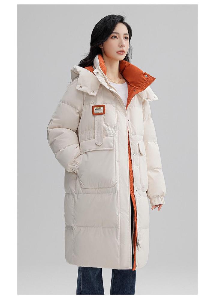 Yaya Women's 2026 Long Hooded Duck Down Jacket - Thick, Warm, Korean Style Fashion Outerwear.