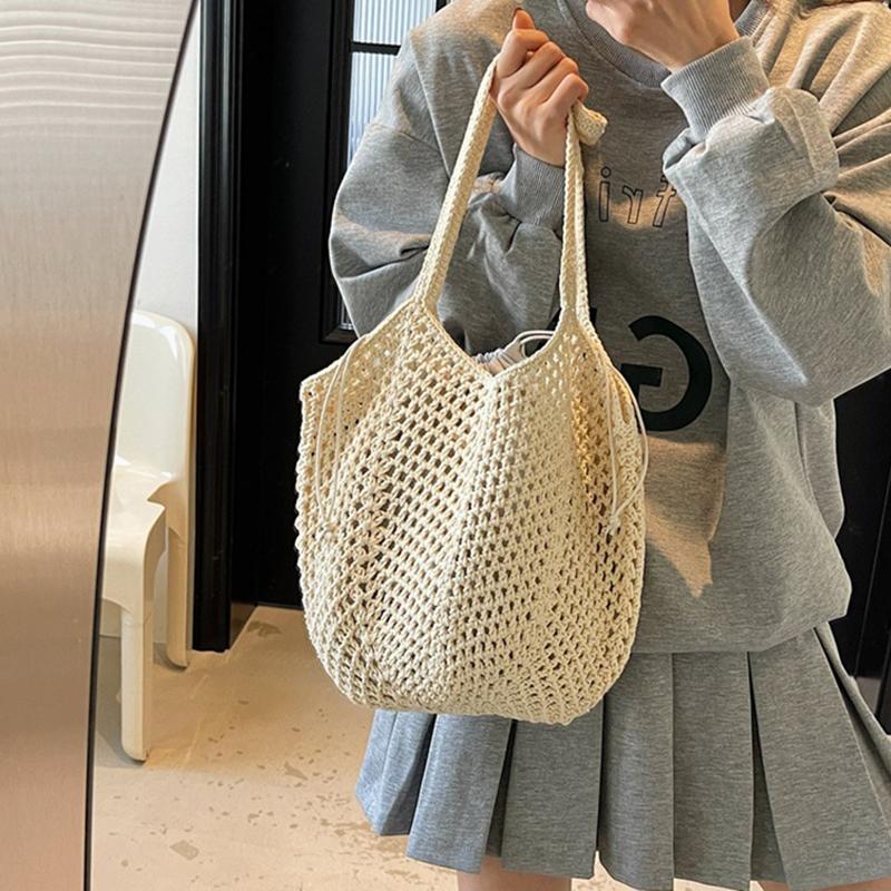 Yogodlns Summer Beach Woven Tote Bag For Women Hollow-out Lightweight Large Capacity Shopper Shoulder Bag with Inner