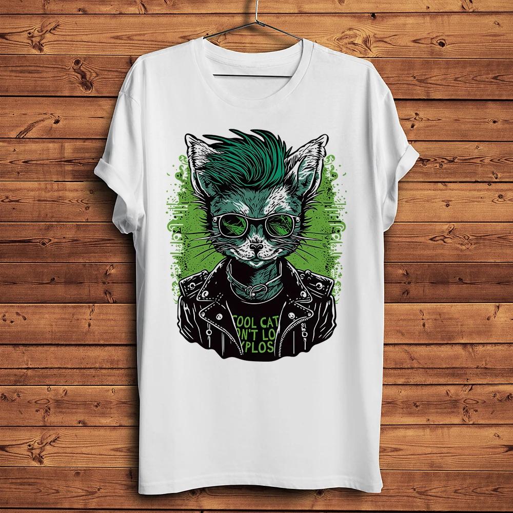 Punk Rock Guitarist Cat Funny Meow TShirt,Men O-neck Casual Streetwear Short Sleeve Unisex T Sh