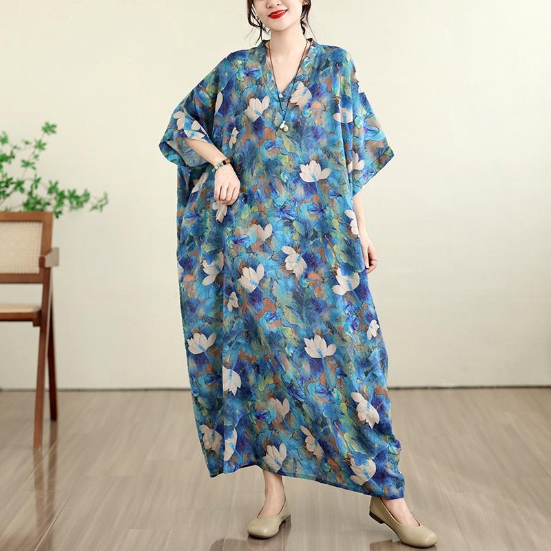 Kurzarm Plus Size Baumwolle Vintage Blumenmuster Neu in Kleidern für Damen lässig locker Maxi langes Sommerkleid