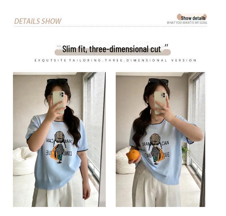 2026 Plus Size Women's Ice Silk Knit Print T-Shirt - Spring/Summer Collection, Loose Fit, Slimming, Short Sleeve