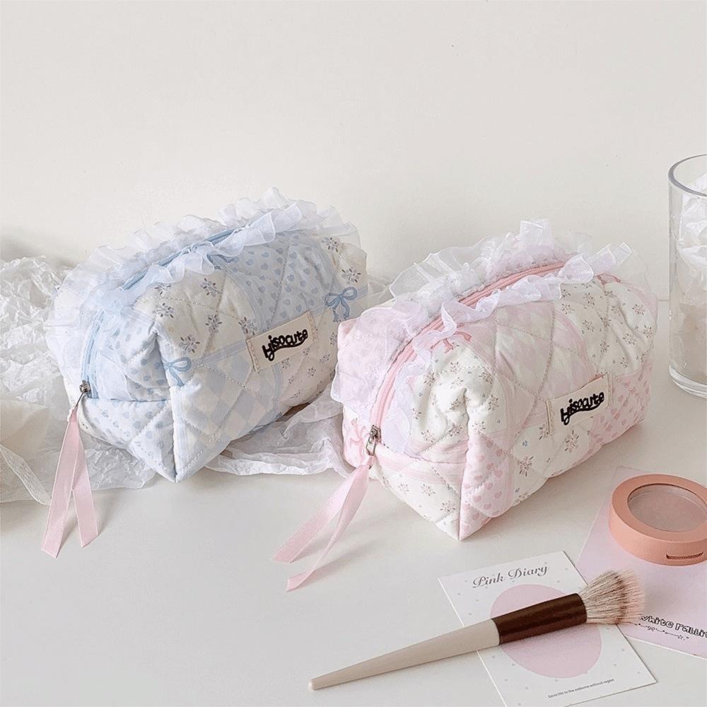 Quilted Makeup Bag Lace Bow Zipper Ruffles Pen Bag Sweet Toiletry Case for Women Girls