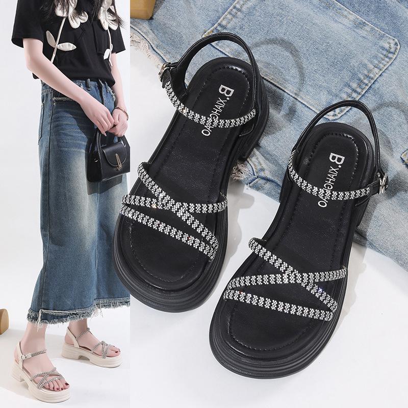 Sandals women's shoes 2025 summer new rhinestone muffin high heel outer wear platform fairy wind summer with skirt versatile