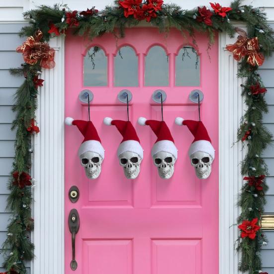 Hanging Skull Santa Hat Halloween Ornaments Gothic Xmas Tree Hanging Skeleton Decor Plastic Small Skull Head Decoration for Party Supplies