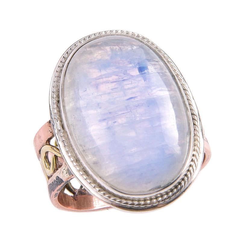 Natural Rainbow Moonstone Gemstone 925 Sterling Silver Two Tone Ring S.10 A4N16