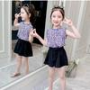 2PCS Children Clothing Set Spring Summer Girls Suits Printing Sleeveless Stripe Tops + Pants Clothing Set