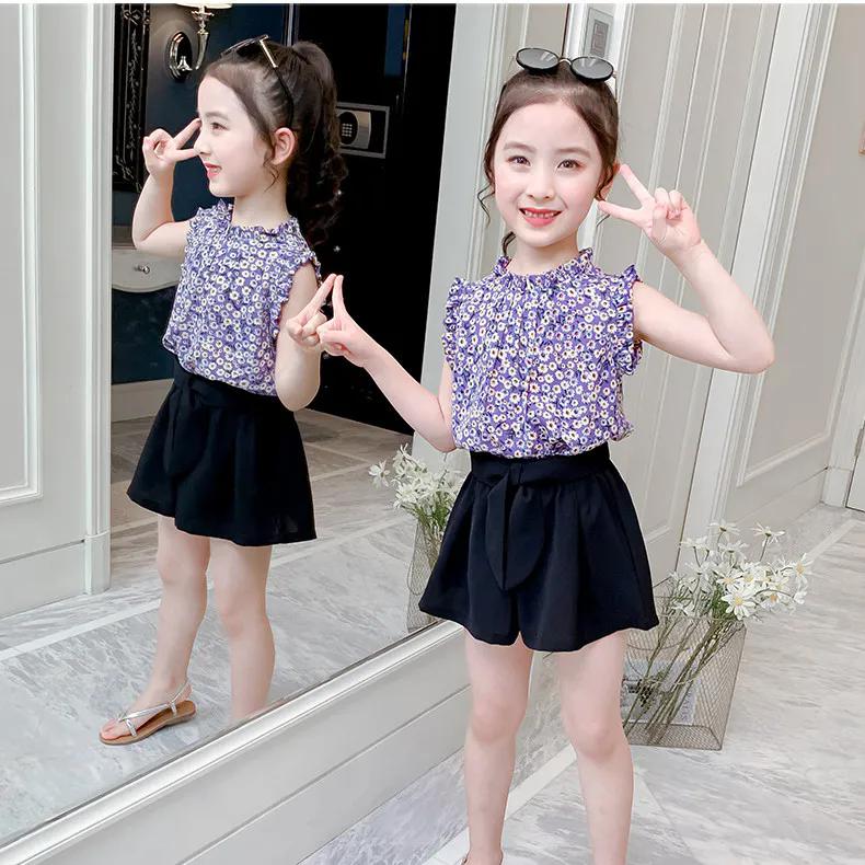 2ks Detská súprava oblečenia Jar Leto Dievčenské obleky Tlač Bez rukávov Pruhované topy + Nohavice Súprava oblečenia