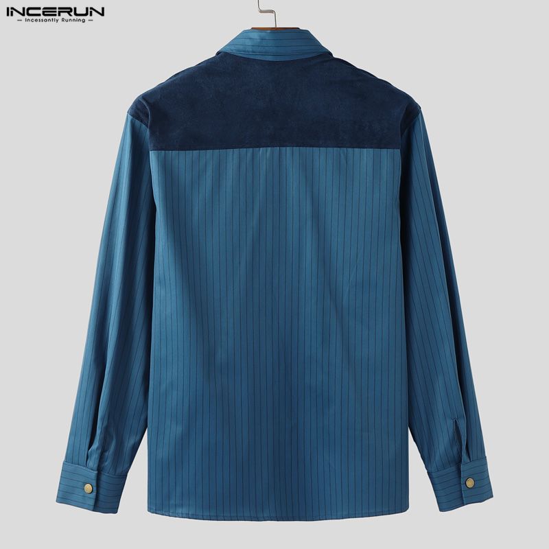 INCERUN S-5XL Men Lapel Neck Long Sleee Patchwork Striped Print Buttons Down Shirts