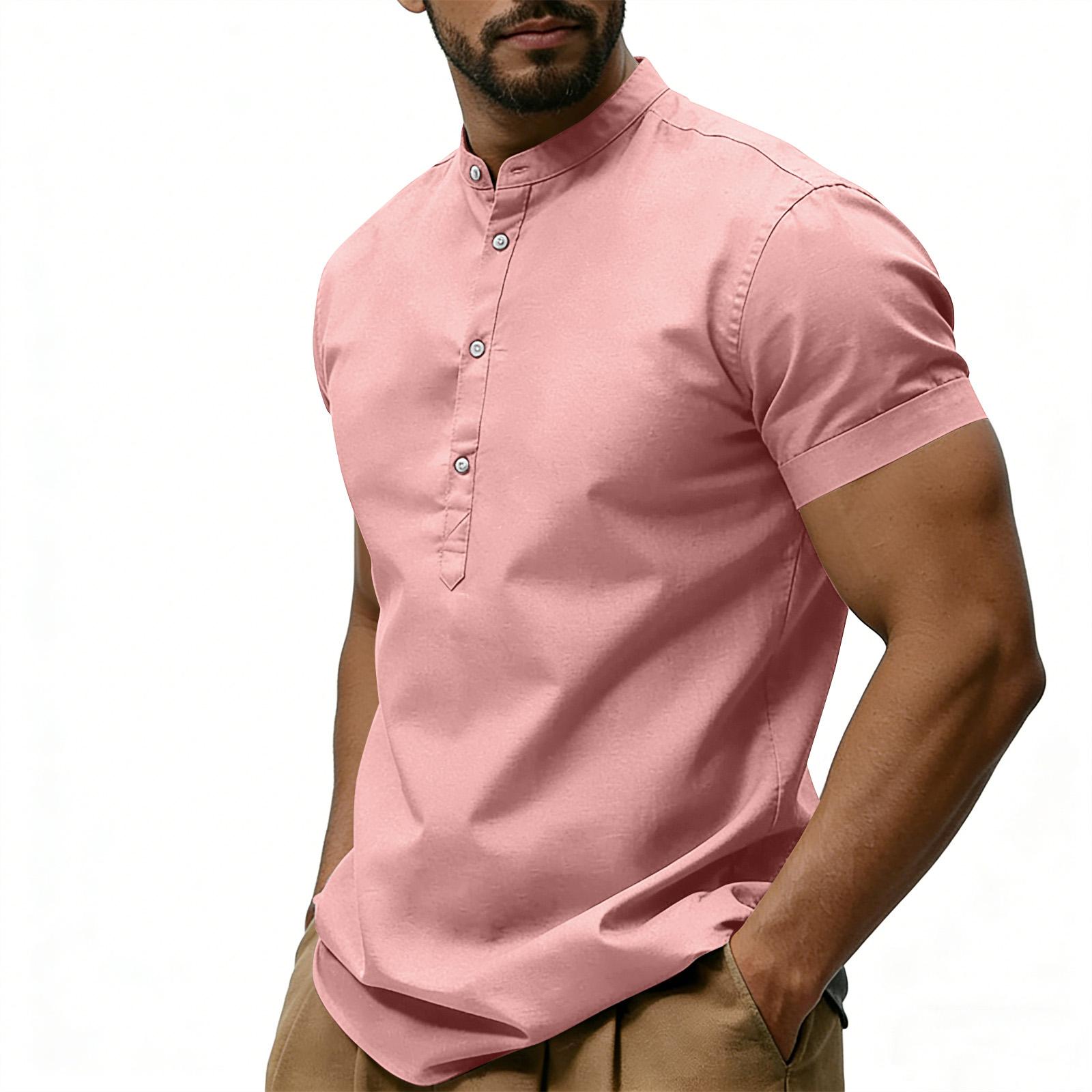Men s Casual ,color V,neck Short,sleeved T,shirt, Cotton And Linen Blend Casual Top With Decorative Buttons. M