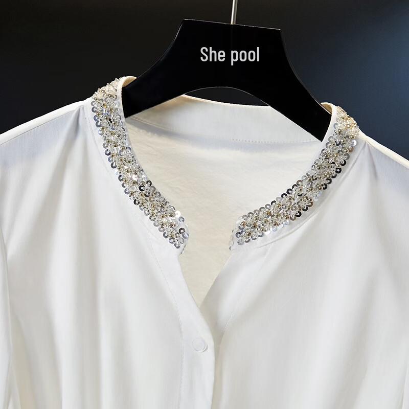 Damen Hemd mit Perlen und Pailletten, Stehkragen, Falten, Langarm