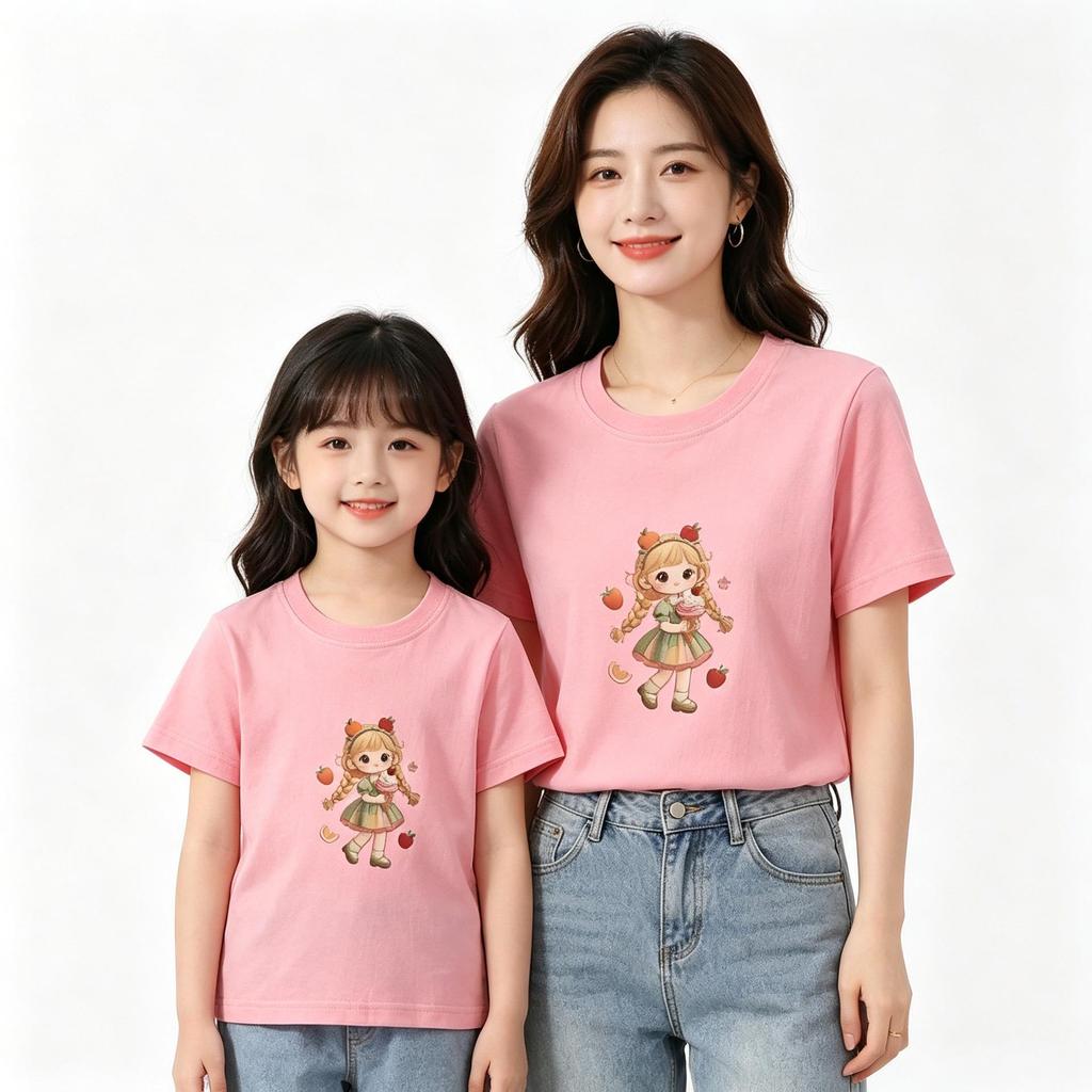 Summer Cotton Short Sleeve T-shirt - Strawberry Cartoon Print for Mother & Daughter Matching Outfits