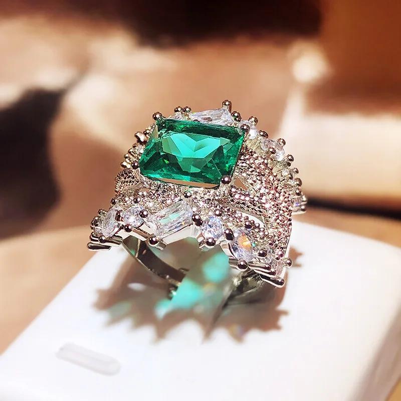Hot Selling New Product Simulation Emerald Tourmaline Opening Ring Female Luxury Princess Square Full Diamond Ring Party Gift