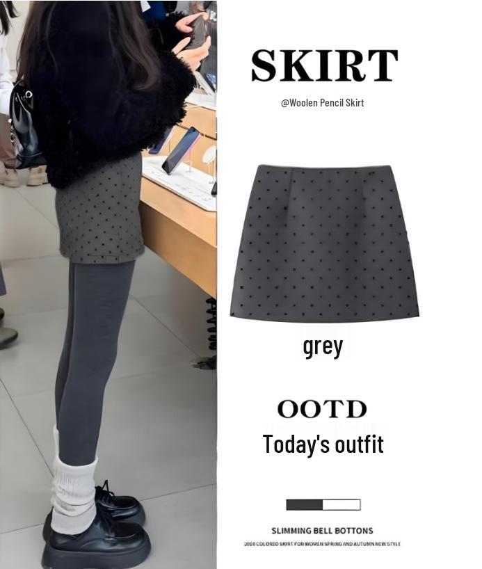 Women's Gray Wool Blend High-Waisted Bodycon A-Line Skirt - Korean Style Elegant Spring Arrival