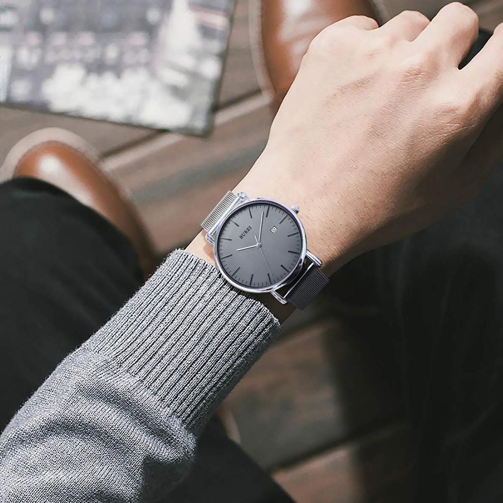 BUREI Men's Analog Quartz Waterproof Date Stylish Simple Milanese Mesh Band Silver Gray Wristwatch