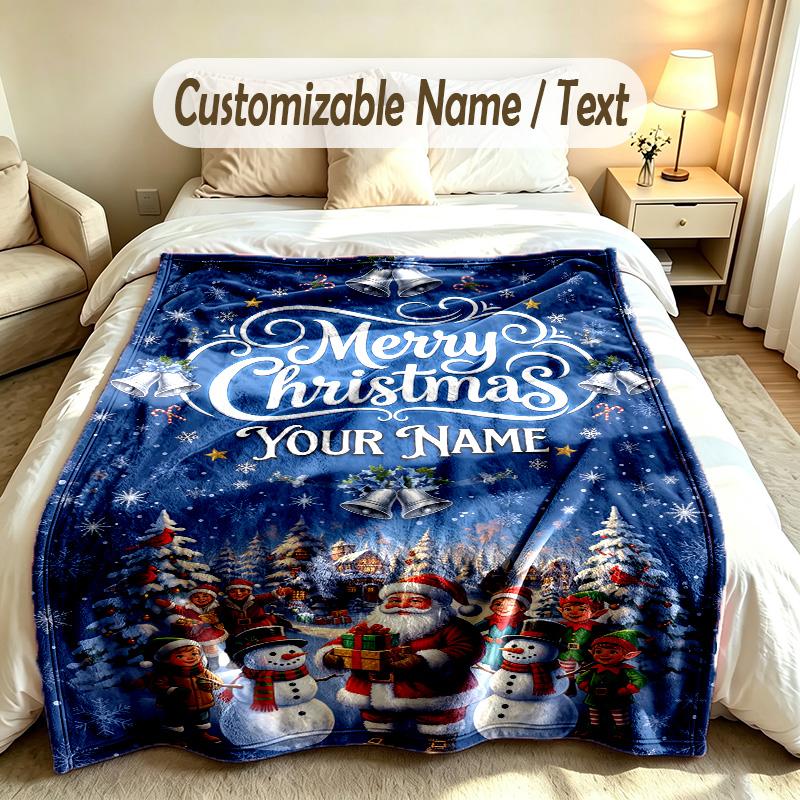 Christmas Theme Soft Blanket Personalized Custom Name Text Print Warm Blanket Home Sofa Bedroom Decor