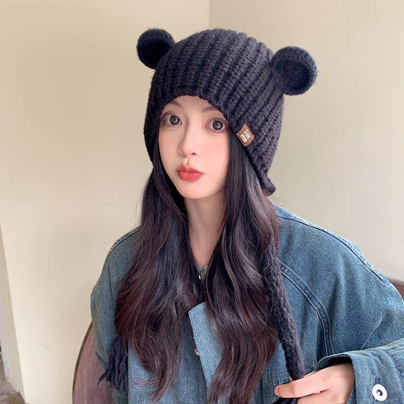 

Cute Bear Ears Hat Women s Autumn and Winter Warm and Versatile Wool Hat Japanese Style Ear Protection Baotou Knitted Lei Feng Hat one size