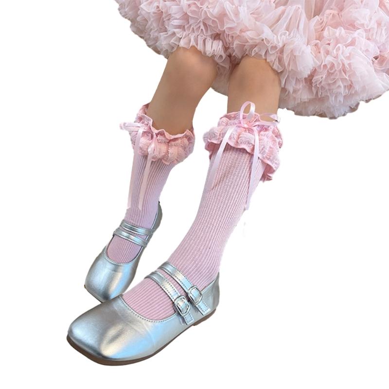 Breathable Cotton Hosiery Socks for Girls Toddler Stretchy Knee High Socks Puff Edge Lace Bows Socks for Autumn Spring