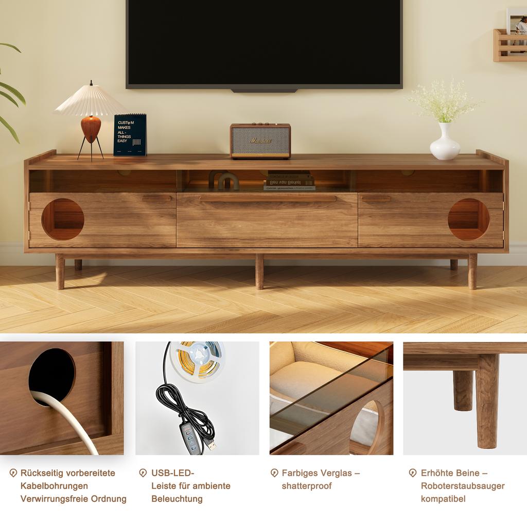 Mobile TV Moderno con Illuminazione LED, Spazio Riposo per Gatti, Ante in Vetro e 1 Cassetto (Cuscino per Gatto Non Incluso), Colore noce, 180x40x50 cm