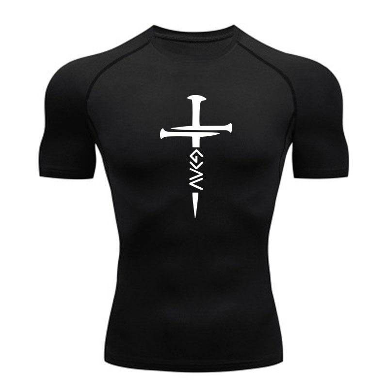 Men's Compression Fitness T-Shirt, Nail Cross Jesus Printed Quick Dry Breathable Athletic Shirt for Gym Workout Running Training Activewear